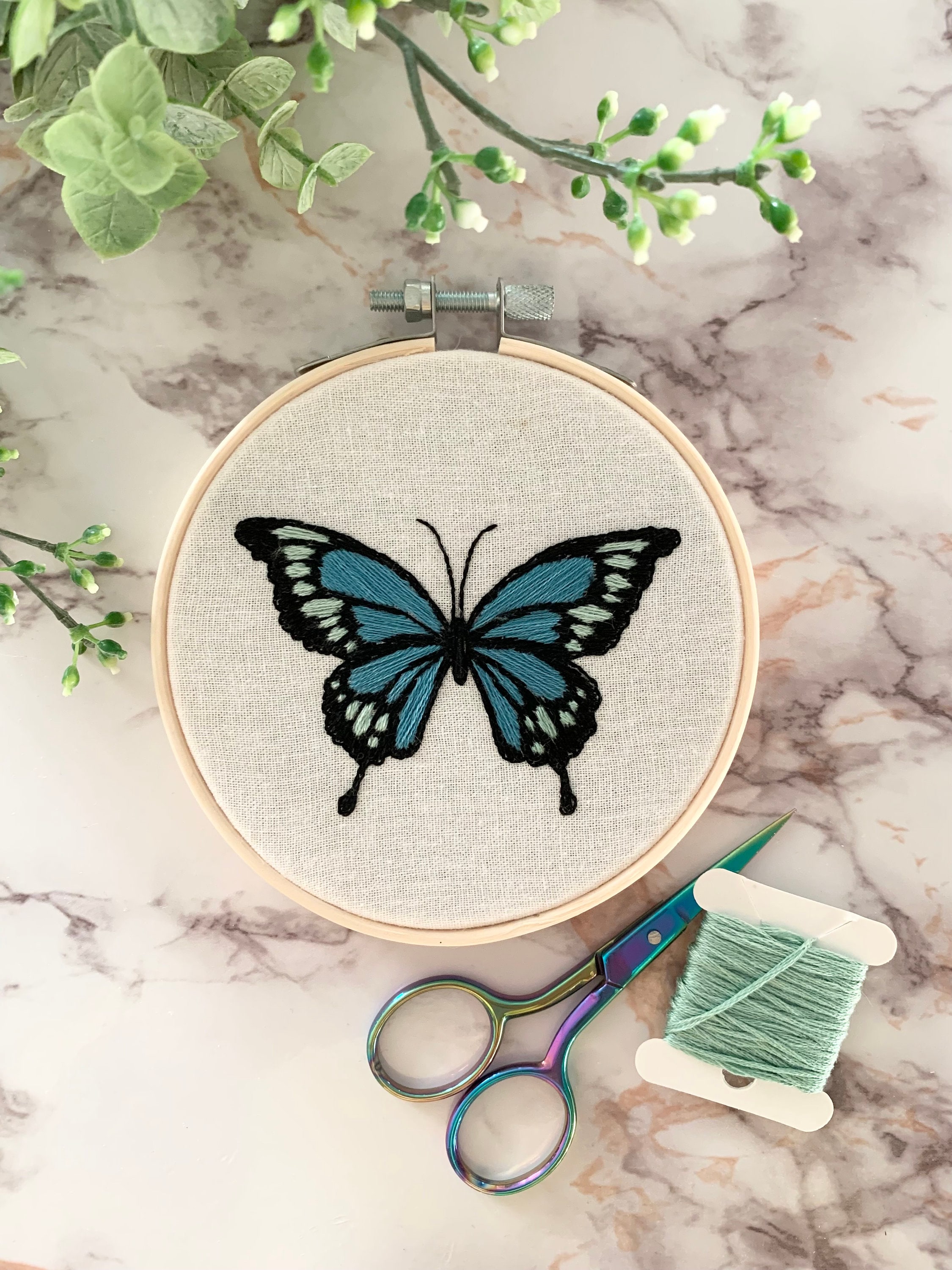 Blue Butterflies Slow Stitching Kit, Beginners Embroidery, Easy