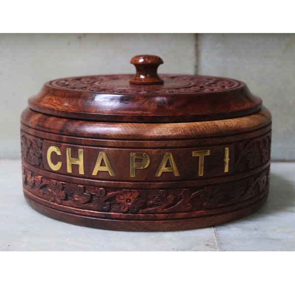 Wooden Chapati Box/Casserole Box with Engraved Brass Design with Stainless Steel Inside (Dimension : 8.8 Inch X 8.8 Inch X 4 Inch)