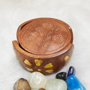 Wooden Handmade Carved Set of 6 with Decorative Holder Tabletop Coasters for Tea Coffee Cups Mugs Beer Cans Bar Glass Indian Handicrafts