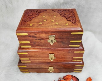 Handmade Wooden Jewellery Box for Women Jewel Organizer Hand Carved Carvings Gift Items | set of 3