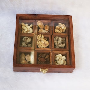 Wooden Spice Box Set for Kitchen Table Top Masala Dabba 9 Section/Partition Jars for Kitchen Storage Boxes Brown