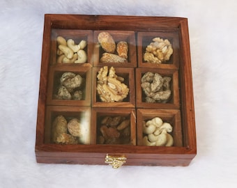 Gewürzbox Set aus Holz für Küche Table Top Masala Dabba 9 Sektion/Trennwand Gläser für Küche Aufbewahrungsboxen Braun