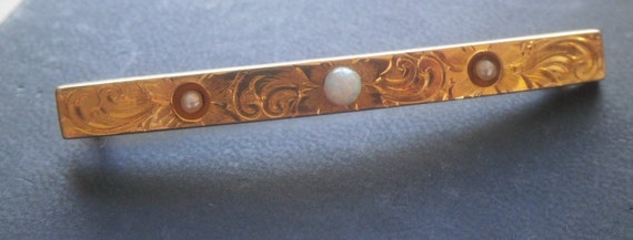 14K solid gold engraved bar brooch natural opal a… - image 1