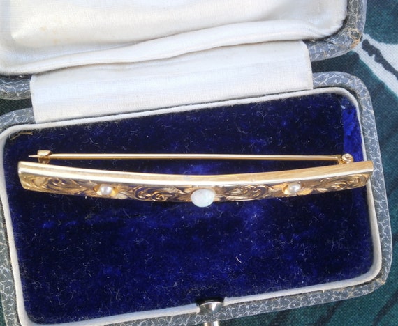 14K solid gold engraved bar brooch natural opal a… - image 3