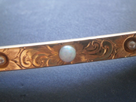 14K solid gold engraved bar brooch natural opal a… - image 5
