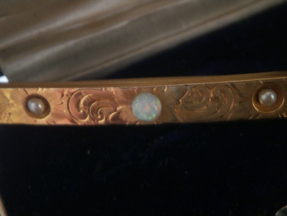 14K solid gold engraved bar brooch natural opal a… - image 8