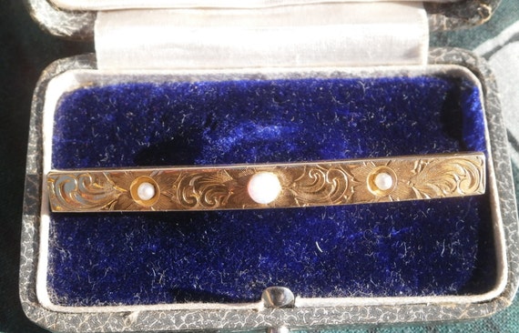 14K solid gold engraved bar brooch natural opal a… - image 2