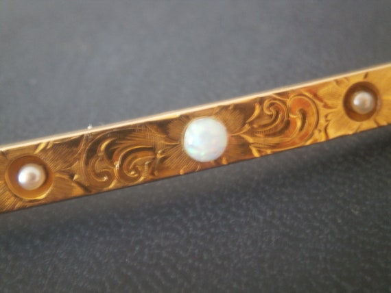 14K solid gold engraved bar brooch natural opal a… - image 6