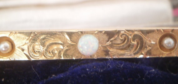 14K solid gold engraved bar brooch natural opal a… - image 4