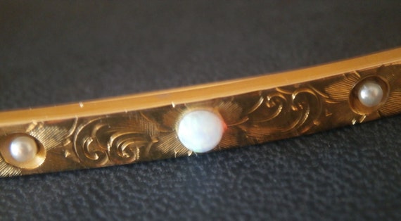 14K solid gold engraved bar brooch natural opal a… - image 7