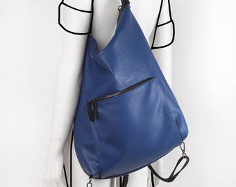 Leather blue hobo bag, shoulder bag, backpack