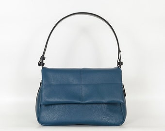 Blue Large Flapover Shoulder Leather Bag