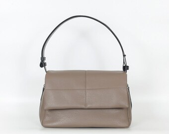 Taupe Large Flapover Shoulder Leather Bag