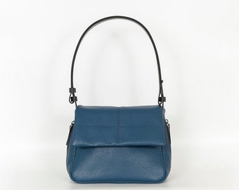 Blue Flapover Shoulder Leather Bag