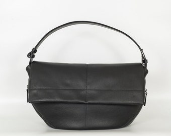 Black Large Flapover Leather Hobo Bag