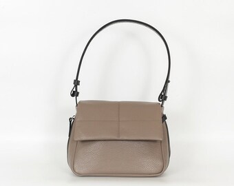 Taupe Flapover Shoulder Leather Bag