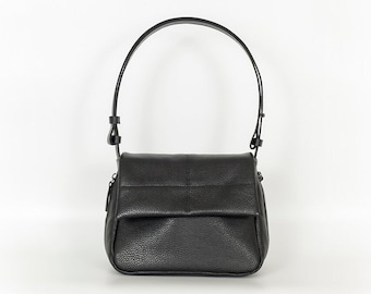 Black Flapover Shoulder Leather Bag