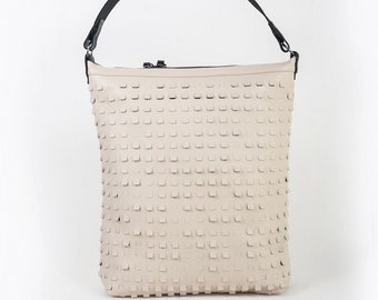 Beige perforated leather hobo bag