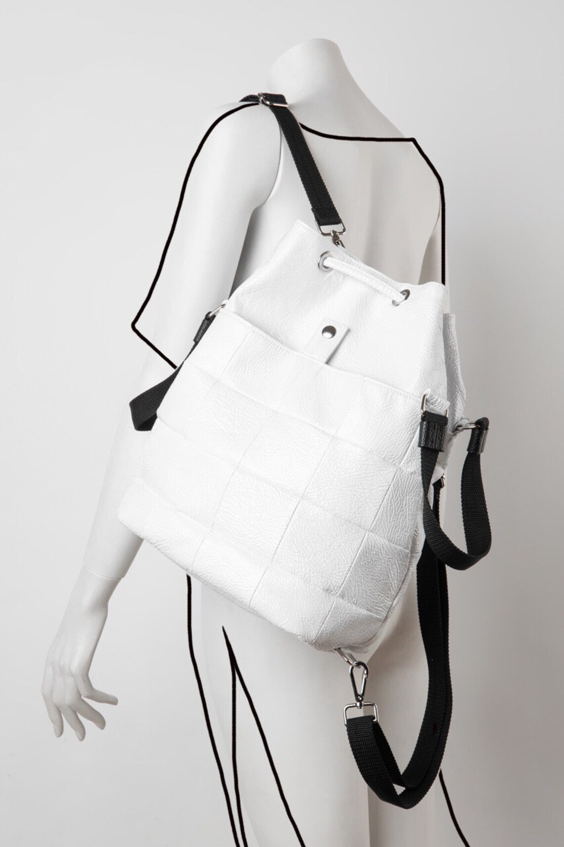 White Quilted Leather Drawstring Bag Etsy