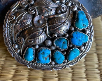 Navajo Vintage 7 Turquoise Hand Made Spiritual Journey Solid Sterling Silver Belt Buckle