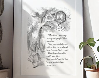 Printable - We're all mad here - Alice in Wonderland Classic Cheshire Cat Black & White Quote Print Poster Digital Download
