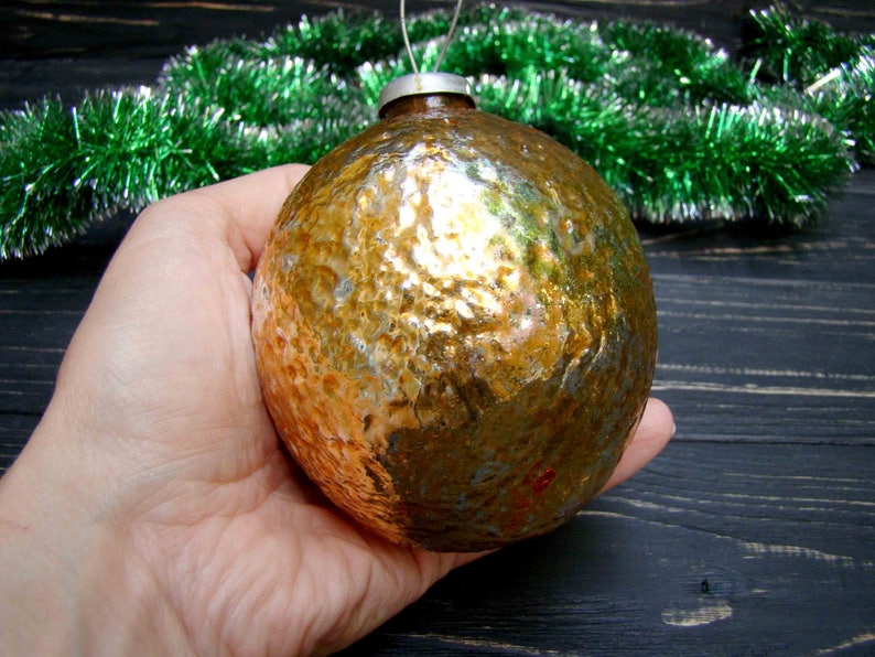 Glass Orange Rare Big Ball Glass Christmas ornament Antique tree decoration Christmas Large Ball Soviet vintage Outdoor decoration 1950s