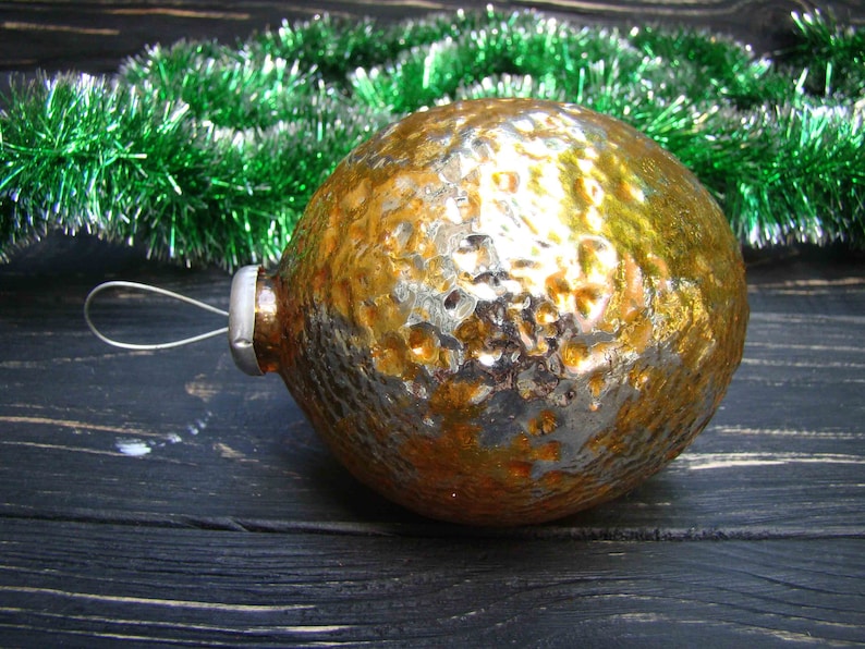 Glass Orange Rare Big Ball Glass Christmas ornament Antique tree decoration Christmas Large Ball Soviet vintage Outdoor decoration 1950s