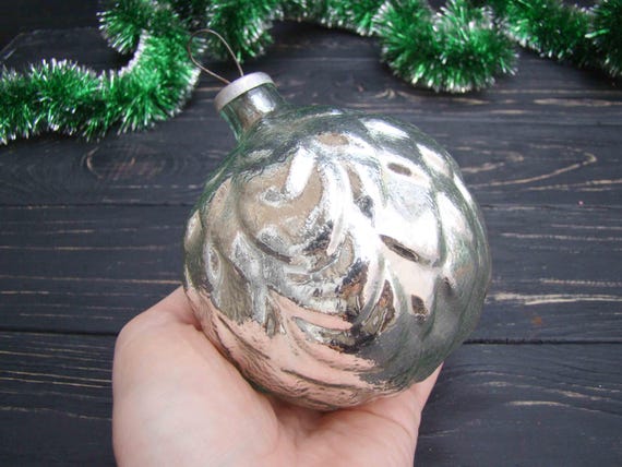 Large Silver Big Ball Glass Christmas Ornament Antique Tree Decoration Christmas Pine Soviet Vintage Xmas Outdoor Decoration 1950s