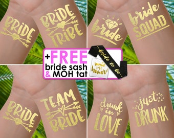 Bachelorette party tattoos | bachelorette tattoos, bride tribe tattoos, bachelorette tattoo, bridesmaid gifts, gold foil tattoos, hen do
