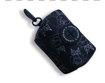 Rose Tattoo Dog Poo Bag Holder - Neoprene Dog Poo Bag Dispenser - Monochrome matching accessory