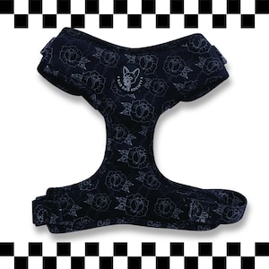 Rose Tattoo Dog Harness - Neoprene Adjustable Dog Harness - Monochrome Dog Harness