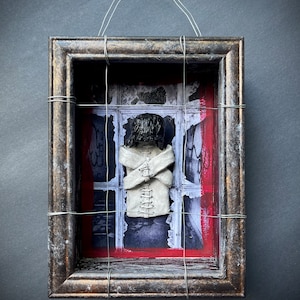 Psychopath Girl Wall Art, Framed Clay Sculpture, Straitjacket, Dark Art, Gothic Decor
