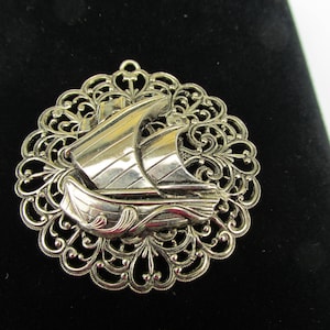 Sale Vintage Silver plate Pendant  with Sale Boat on Front  1 1/4&quot;