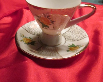 Sterling Silver China Cup and Saucer with Yellow Roses and Gold Decoration