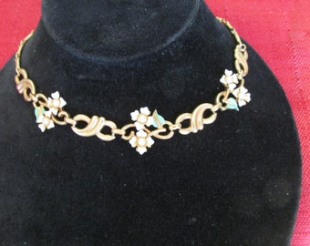 Lovely Enamel Flower and Rhinestones Necklace Gold Free Shipping