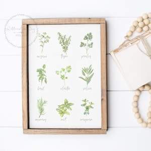 Watercolor Botanical Herbs Kitchen Spices Art Print |  Herb Set Printable Sign | Vintage Farmhouse Plant Herb Spice Wall Print Decor