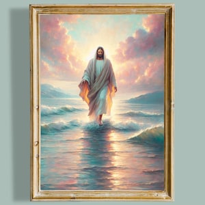 Jésus-Christ marchant sur l'eau, peinture à l'huile de Jésus-Christ, impression d'art chrétienne, art LDS, portrait de Jésus-Christ, art numérique du Sauveur