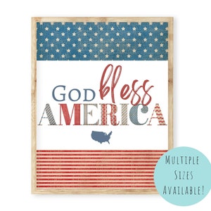 July 4th Printable Wall Art. God Bless America Vintage Patriotic Wall Art Print. Independence Day Summer Printable.