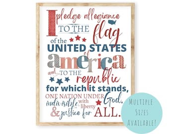 July 4th Printable. Pledge of Allegiance Wall Art. Vintage Patriotic Wall Art Print. Independence Day Summer Printable.