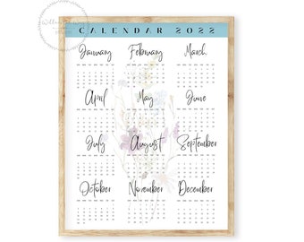 2022 Yearly Overview Printable Calendar | Year at a Glance Watercolor Floral Calendar | Annual Planner Office/Kitchen Wall Poster Calendar