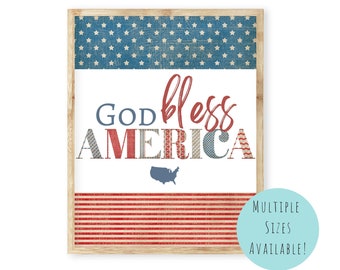 4th of July Printable Wall Art. God Bless America Patriotic Printable Vintage Wall Decor. Summer Gallery Wall Art Print.