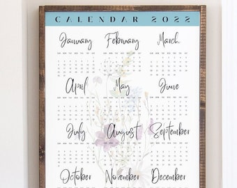 Jahresübersicht 2022 Druckbarer Kalender | Jahresübersicht Aquarell Blumenkalender | Jahresplaner Büro/Küche Wandposter Kalender