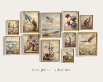 Paquete de láminas artísticas del 4 de julio: Conjunto de galería patriótica vintage del Día de la Independencia (Descarga digital)
