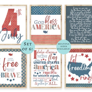 Puede incluir: Conjunto de seis carteles patri&oacute;ticos imprimibles del 4 de julio con colores rojo, blanco y azul. Los carteles presentan estrellas, rayas y texto como "God Bless America", "Land of the Free" y "Let Freedom Ring!"