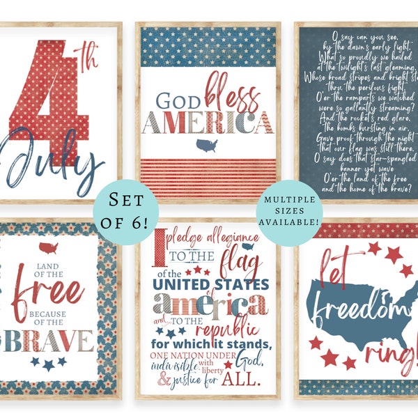 4th of July Printable Wall Art. Patriotic Printable Vintage Wall Decor. Summer Gallery Wall Art Print Set of 6. Printable 4th of July Decor