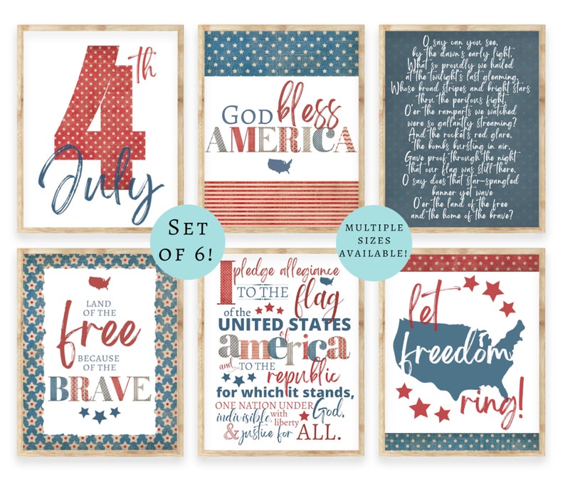 Puede incluir: Conjunto de seis carteles patri&oacute;ticos imprimibles del 4 de julio con colores rojo, blanco y azul. Los carteles presentan estrellas, rayas y texto como "God Bless America", "Land of the Free" y "Let Freedom Ring!"