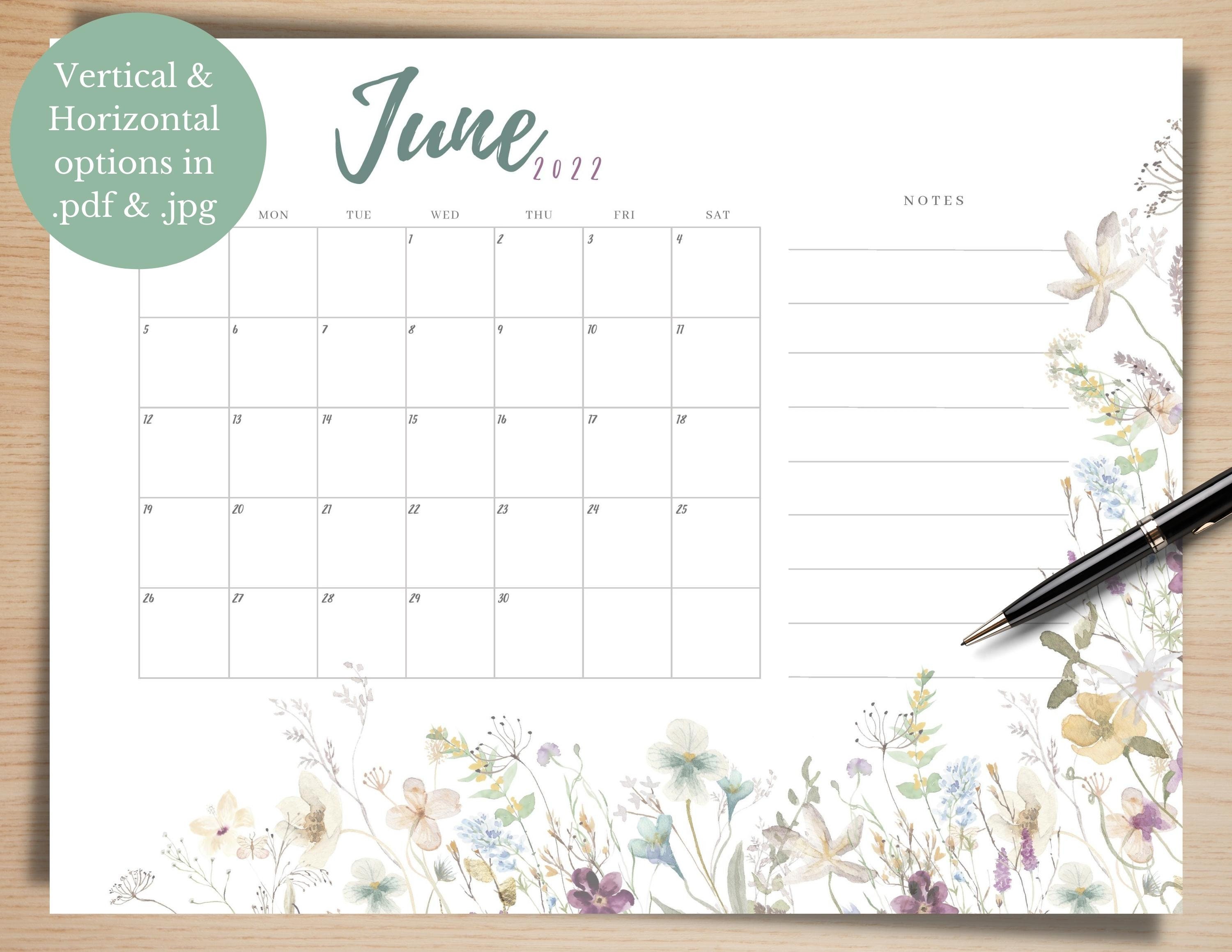 2022 june calendar printable 8 5x11 floral monthly planner etsy