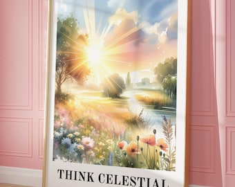 Piensa en lo celestial / Cita de la conferencia de Russell M. Nelson / Impresión de arte mural SUD / Regalo para jóvenes de las Mujeres Jóvenes / Póster de acuarela inspirador imprimible