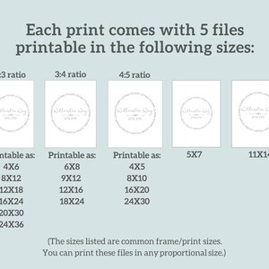 May include: An informational graphic with dark gray text on a light blue background stating each print comes with 5 files printable in the following sizes: 2:3, 3:4, 4:5 ratios, 5x7, and 11x14. It lists various imperial inch dimensions for each ratio category.