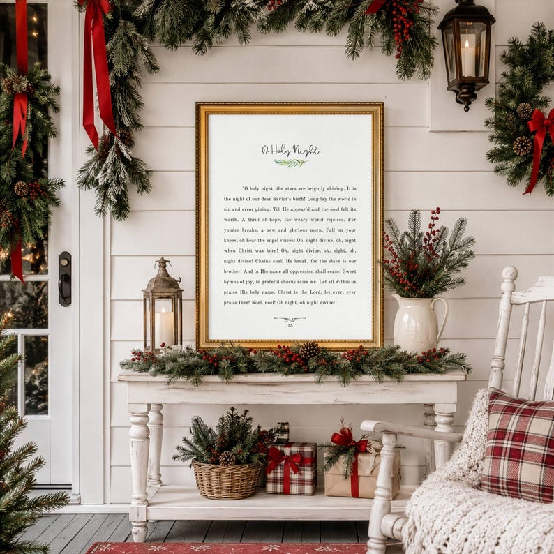 May include: A framed vertical wall art print featuring the lyrics to the Christmas carol O Holy Night in black text on a white background, accented with a small green sprig illustration and a decorative line at the bottom of the printed text.